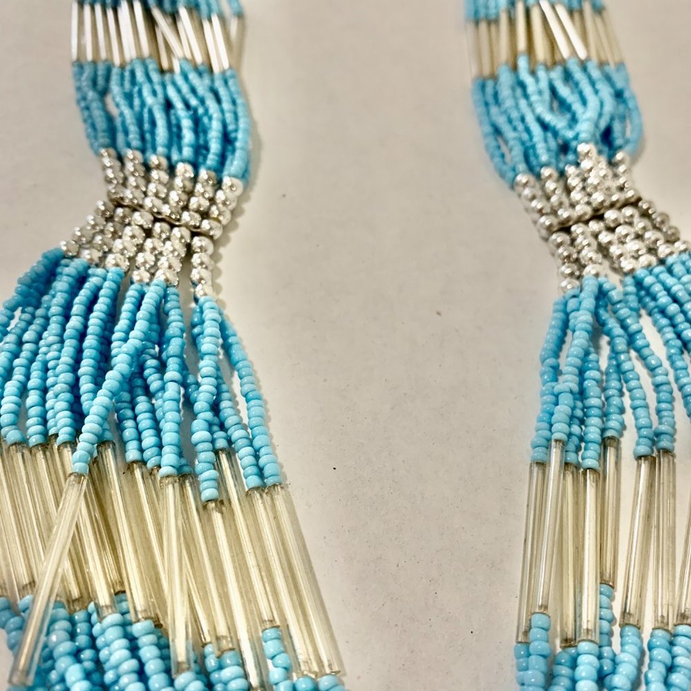 Vintage Native Blue Seed Bead Statement Necklace, Blue Beaded Necklace, Handmade - Picture 7 of 14
